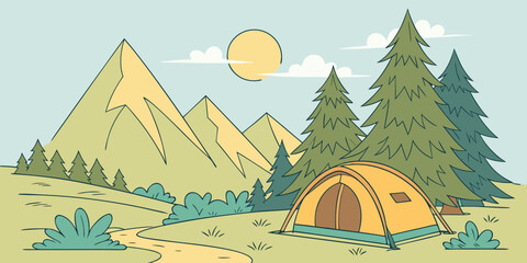 Summer camp concept. Camping landscape. Sunny day landscape illustration in flat style with tent, mountains and forest. Banner or poster for summer camp, nature tourism, camping, hiking, trek