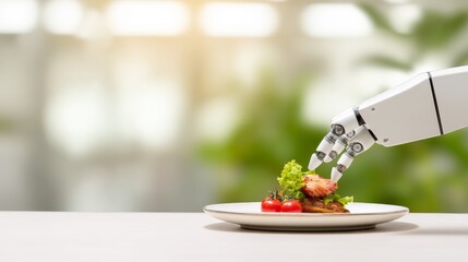 Innovative Food Technology Shaping the Future of Culinary Solutions, A robotic hand delicately places vegetables on a plate, blending technology with culinary art.