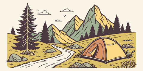 Summer camp concept. Camping landscape. Sunny day landscape illustration in flat style with tent, mountains and forest. Banner or poster for summer camp, nature tourism, camping, hiking, trek