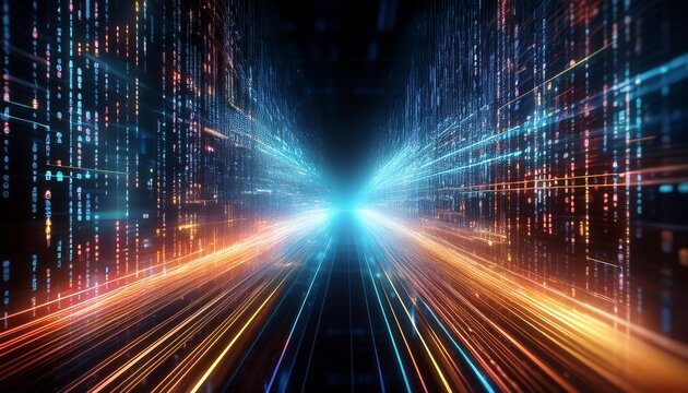 abstract digital data stream glowing binary code moving fast in dark space