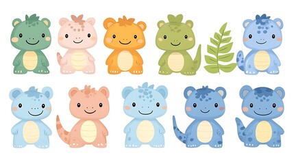 Cute colorful cartoon dinosaur illustrations in various pastel shades.