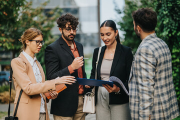 A group of business people discuss and analyze strategies outdoors in a city setting. They appear...