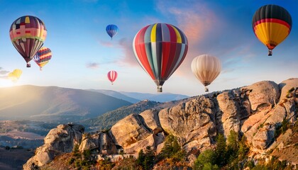 Obraz premium colorful hot air balloons flying over mountains rock landscape