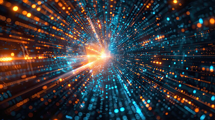 Naklejka premium Blue and orange light pulses interact over a dark horizon in digital abstraction. Generative AI