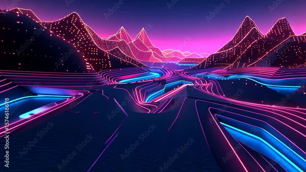 Poster futuristic digital landscape featuring glowing circuit patterns and abstract geometric shapes