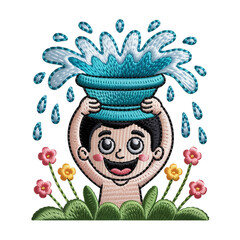 Joyful child spills water from blue bowl cartoon embroidery
