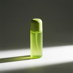A modern minimalist product photo featuring a neon green cosmetic bottle standing upright on a white surface. The scene is illuminated by dramatic side lighting, creating a long shadow effect.