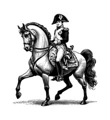Engraving of a man in military uniform riding a horse in black and white illustration