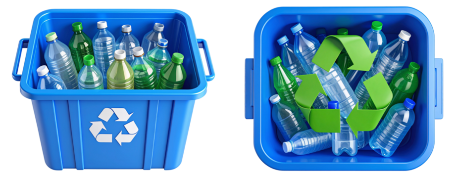  Top View 3D Illustration of Plastic Bottles in Recycling Bin, isolated on transparent background PNG