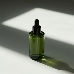A modern minimalist product photo featuring a neon green cosmetic bottle standing upright on a white surface. The scene is illuminated by dramatic side lighting, creating a long shadow effect.