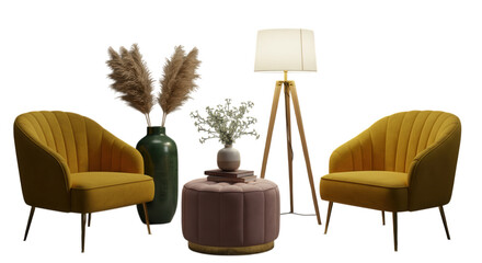 Living room setup with chairs and lamp isolated on transparent background