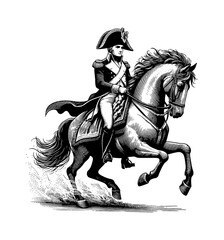 Fototapeta premium Napoleon Bonaparte Riding Horseback, Detailed Engraving of Historical Figure, Black and White Art