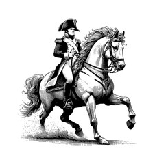 Fototapeta premium Engraved Illustration of Napoleon Riding a Horse, Detailed Black and White Line Art Drawing