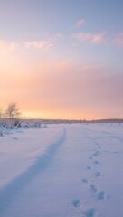 Winter landscape snow scene wallpaper background with footprints and sunset sky view image