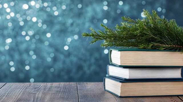 A cozy arrangement of stacked books accompanied by a fresh green sprig on a rustic table. Soft bokeh creates a warm atmosphere