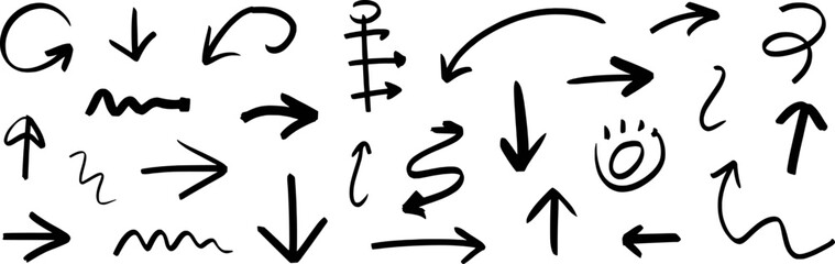 Diverse hand drawn black arrows and directional symbols white handdrawn