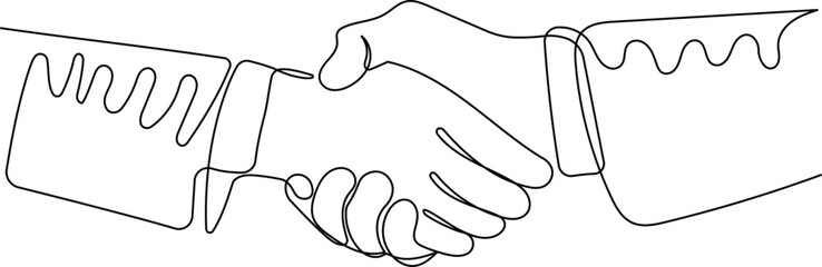 Handshake in Continuous Line Art. Minimalist Symbol of Agreement and Partnership in a black linear sketch isolated on a white background