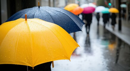 A vibrant city street bustling with people holding colorful umbrellas during a gentle rain shower, with the wet pavement reflecting the warm glow of street lights. 