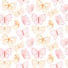 Seamless pattern with outline butterflies. Collection of pink and peach tones flying insects. Vector background with butterflies silhouettes. Perfect for textiles, wallpapers, gift wrap, baby products