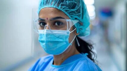 Close-up of a medical professional, masked and gowned, in a hospital setting. The woman wears protective eyewear and a surgical cap - Powered by Adobe
