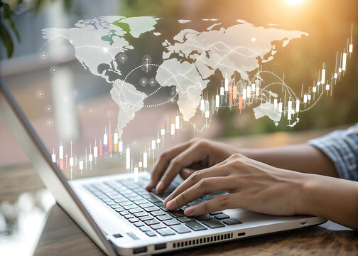 Person typing on laptop with global financial market data and world map overlay