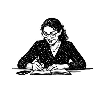 recommend clip art: Woman wearing glasses writing in book at desk with phone in line art drawing