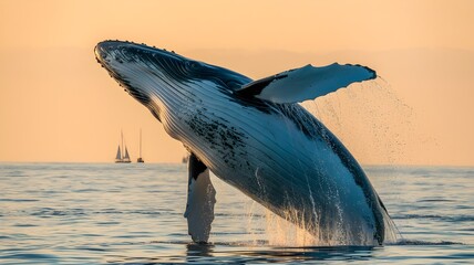 Fototapeta premium A majestic whale breaching the water with sailboats in the background during sunset