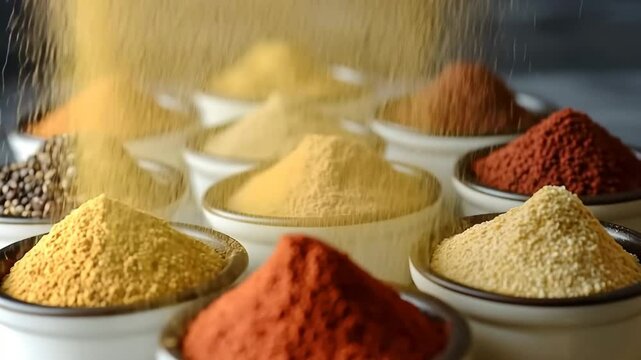 Aromatic spice powders in white bowls showcase culinary delights and flavor profiles