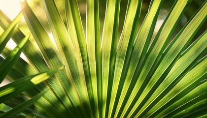 Fototapeta premium sunlit palm frond vibrant green leaves backlit by bright sunshine