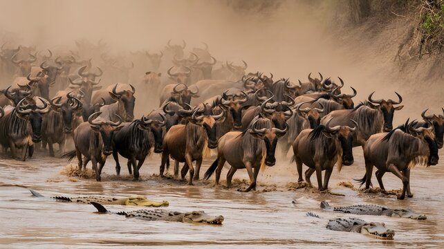 A massive migration of wildebeest crossing a river, creating a dramatic spectacle of nature. The herd faces challenges, showing determination, resilience, and survival