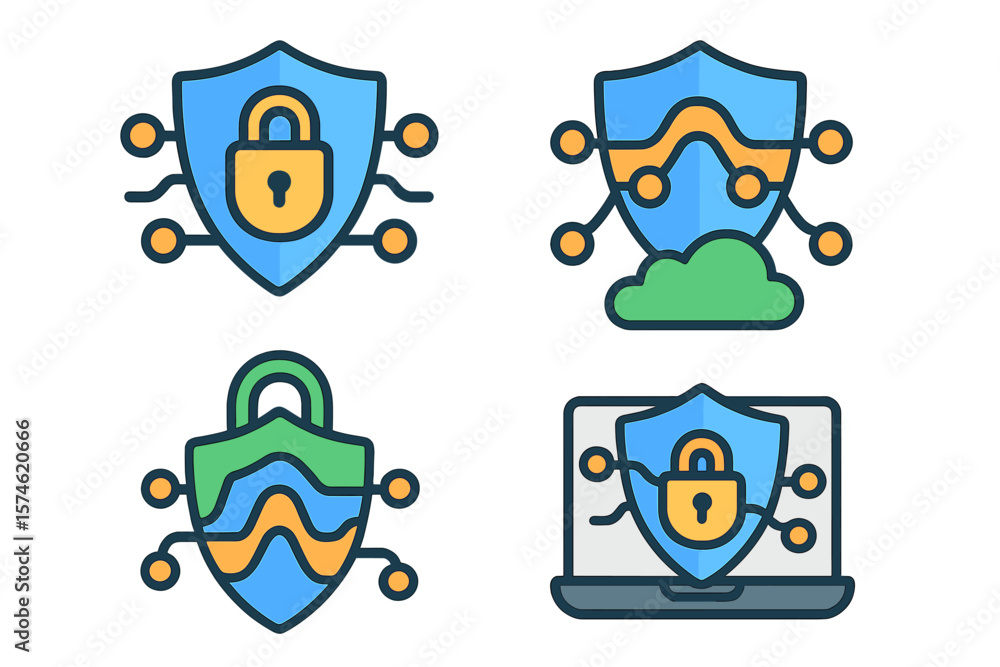 Poster security icons representing data protection and cybersecurity measures in digital environments