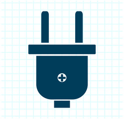 Electrical plug icon with positive sign in dark blue on a white background with blue grid, minimalistic flat design.