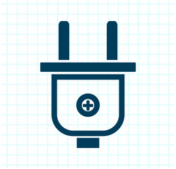 Electrical plug icon with positive sign in dark blue on a white background with blue grid, minimalistic flat design.