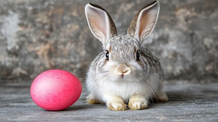 A small, gray and white rabbit sits next to a pink egg.