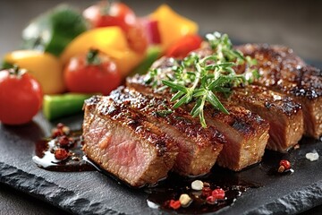 Slicing into a medium rare grilled steak resting on a sleek black slate plate, showcasing vibrant vegetables in the background and a rich sauce drizzled over the tender meat