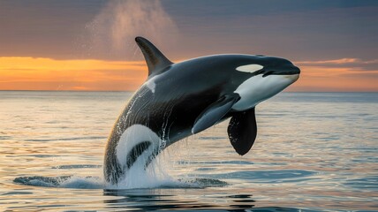 Fototapeta premium A stunning image of a killer whale breaching the ocean surface, showcasing its majestic presence against a scenic sunset background