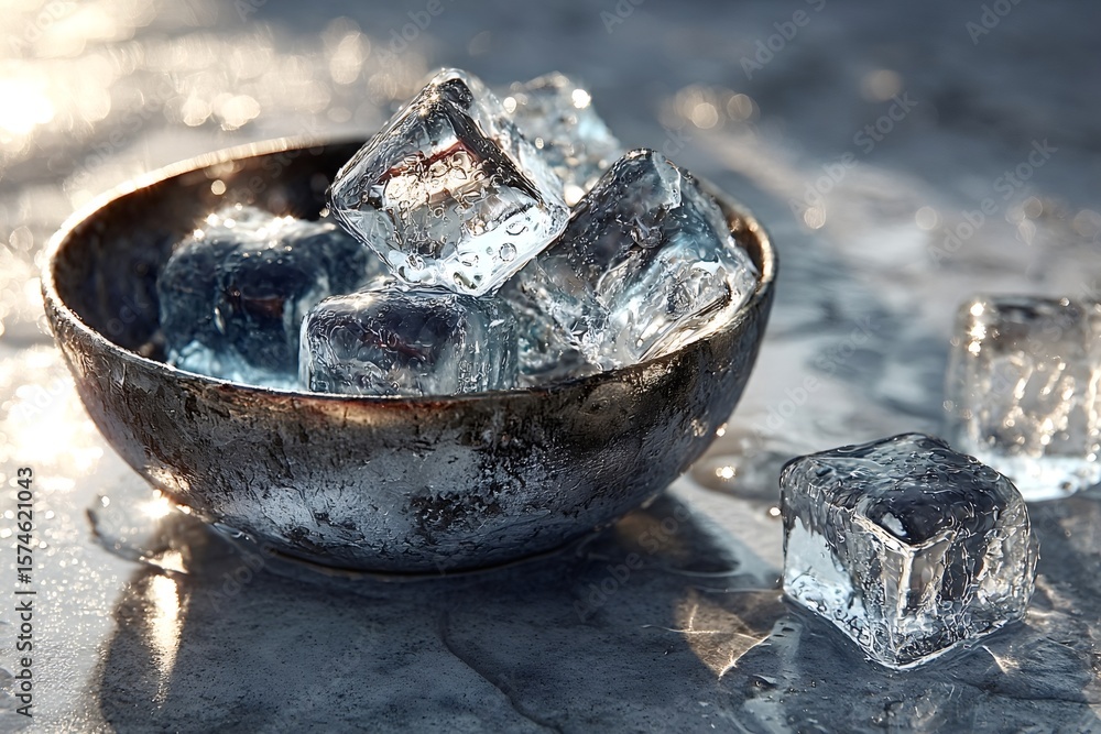 Poster sparkling ice cubes are melting in an old metal bowl placed on a wet stone surface, creating a refre