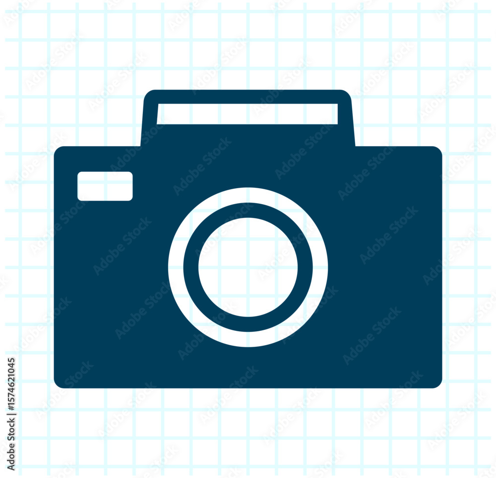 Poster compact digital camera icon in flat style on a blueprint background