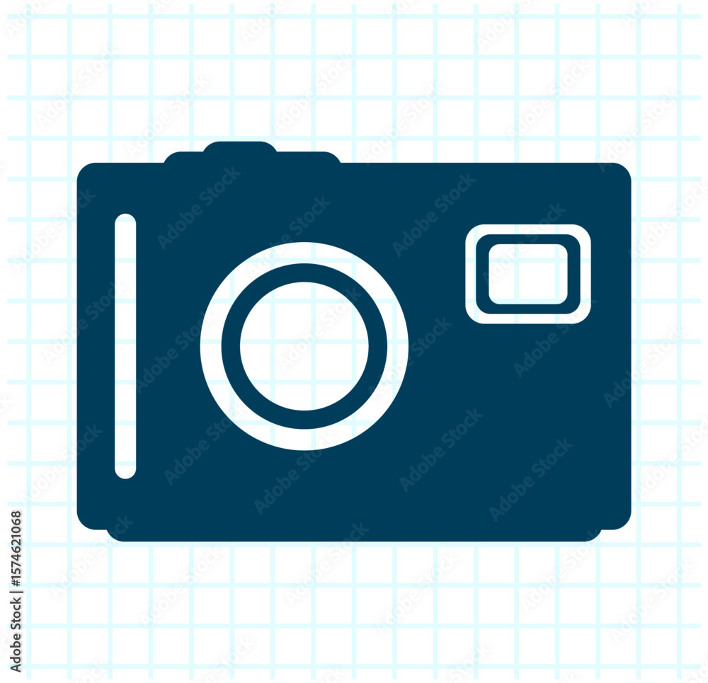 Poster compact digital camera icon in flat style on a blueprint background