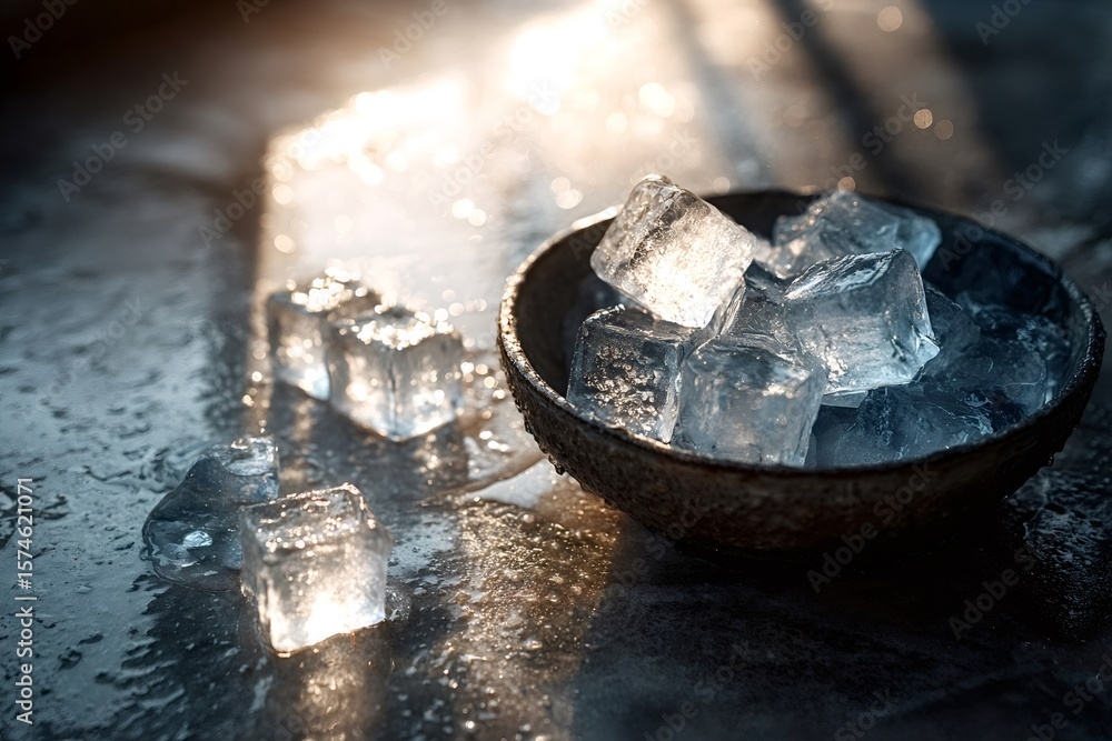Aufkleber melting ice cubes resting in a bowl on a wet, dark surface bask in warm sunlight, creating a refresh