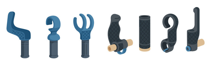 Different types of ergonomic bike grips and handles displayed on a white background for comparison and selection