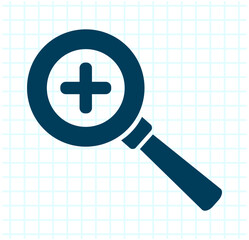 Fototapeta premium Magnifying glass with plus symbol indicating zoom in function on a grid background.