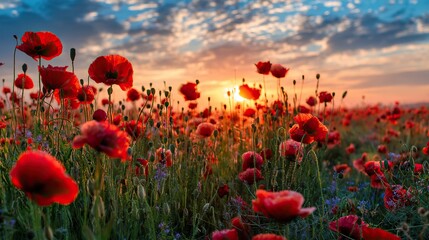 Red flower fields at sunset, mountains, blue sky, white clouds; The blooming flowers form an endless sea of red in the golden light, and only the petals of the wind and sand focus on the flowers.