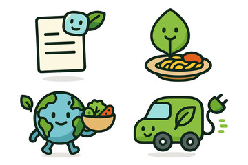 Creative illustrations of eco-friendly concepts in a colorful and playful design depicting sustainability and healthy eating
