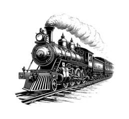 Vintage Steam Train Engraving with Smoke on Tracks in Black and White Detailed Line Art