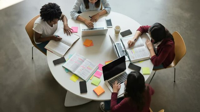 Study group of four diverse young adult women intensely collaborating with laptops and books, focused on learning in a modern university setting indoors. - Powered by Adobe
