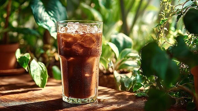 Sunlight streams through the leaves of potted plants, illuminating a glass of iced coffee resting on a wooden table, creating a tranquil and refreshing scene - Powered by Adobe