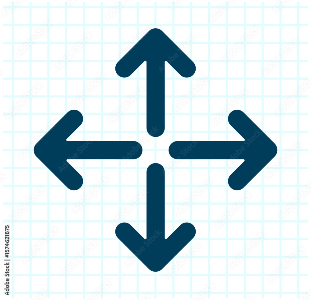 Poster expand icon with four outward arrows in dark blue on white grid background symbolizing fullscreen or