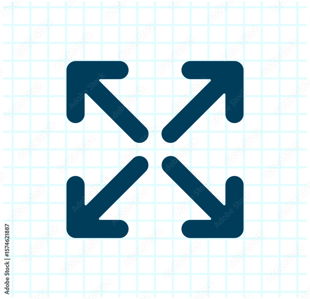 Poster expand icon with four outward arrows in dark blue on white grid background symbolizing fullscreen or