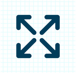Expand icon with four outward arrows in dark blue on white grid background symbolizing fullscreen or zoom out